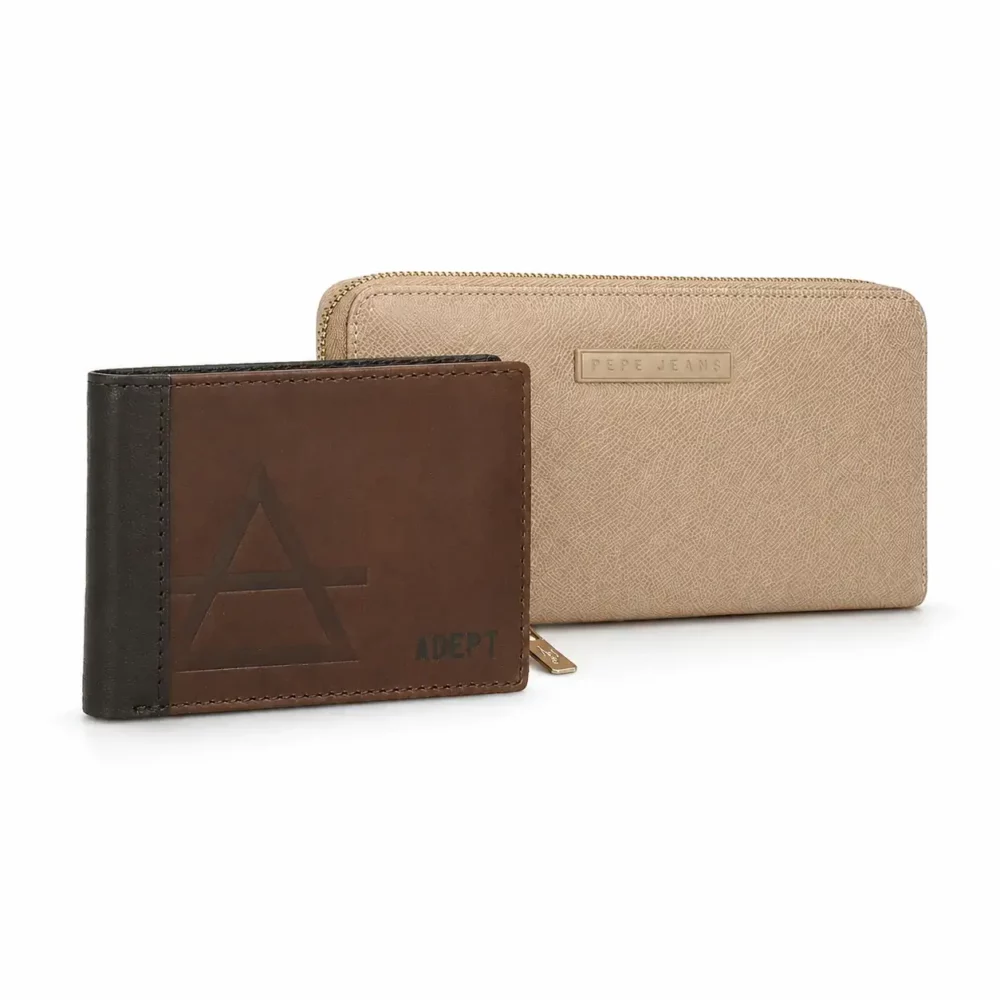 Two wallets: a beige zippered wallet with a Pepe Jeans plaque and a brown bifold wallet with black edge and a triangular logo in front.